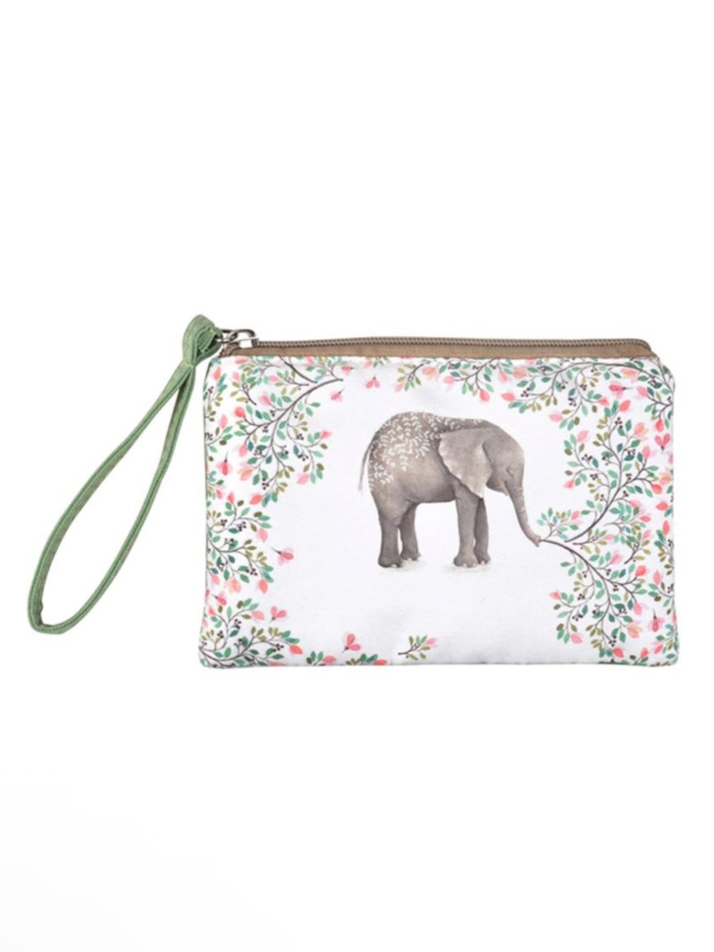 NWT Elephant Print Wristlet Bag Canvas Floral Detail Cute Boho Cream Off White
